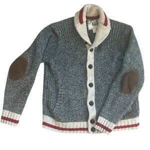 Roots Cabin Gray Wool Blend Cardigan Cable Knit Roll Neck Elbow Patches Sz M